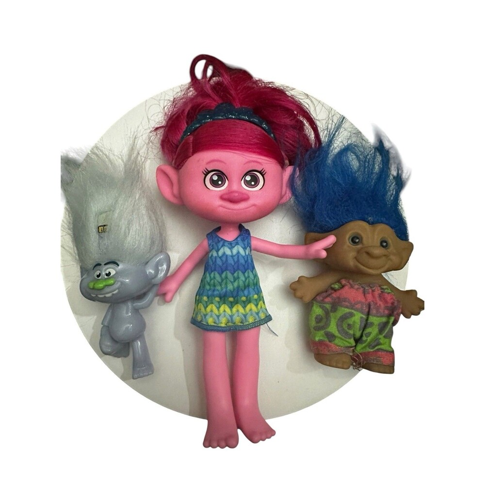 Mattel Dreamworks Queen Poppy Troll 7” Doll  + Guy Diamond 2020 + Vintage Troll